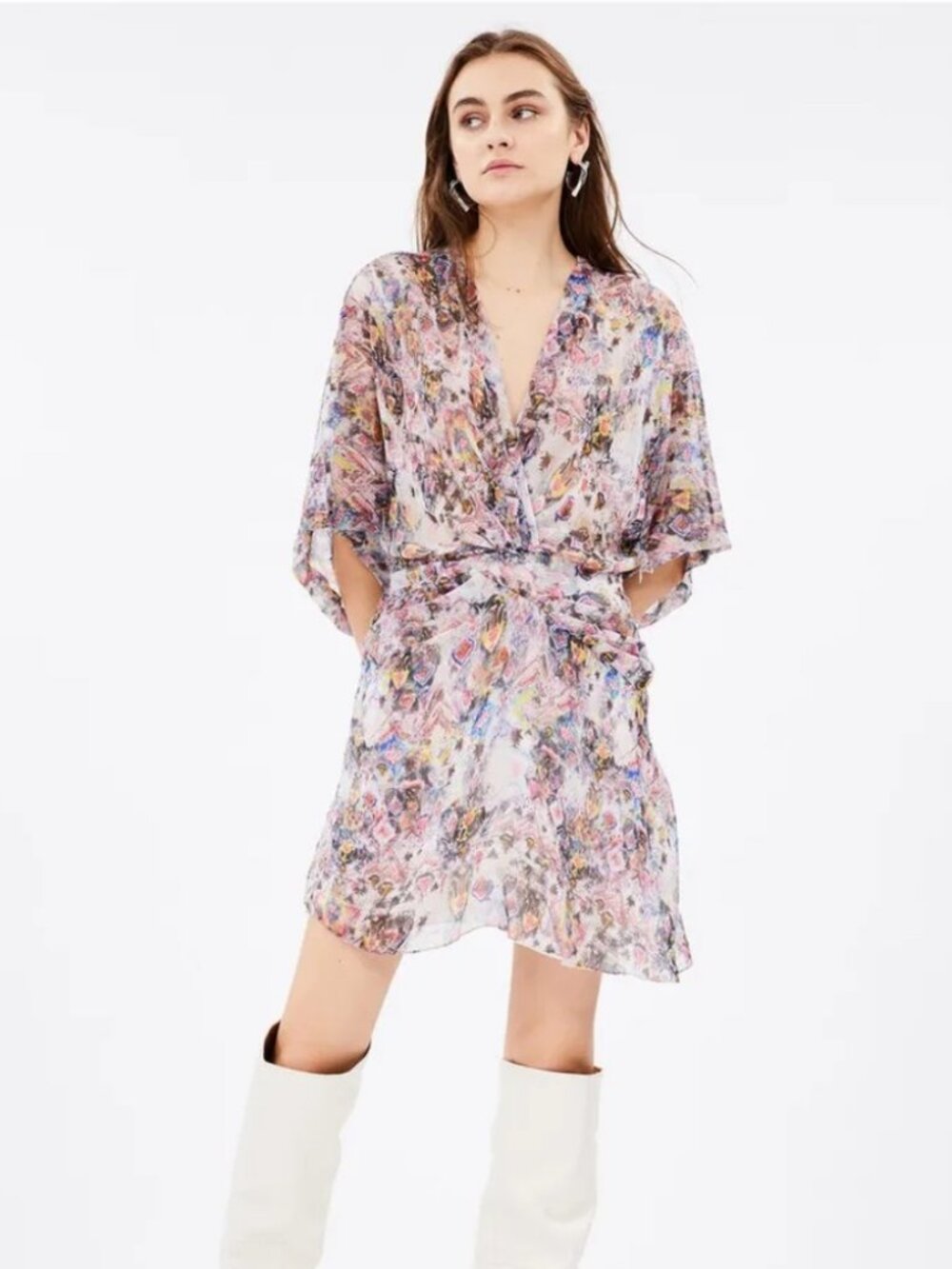 IRO Gazania Gathered Printed Silk Chiffon Mini Dress in Light Gray Size 34